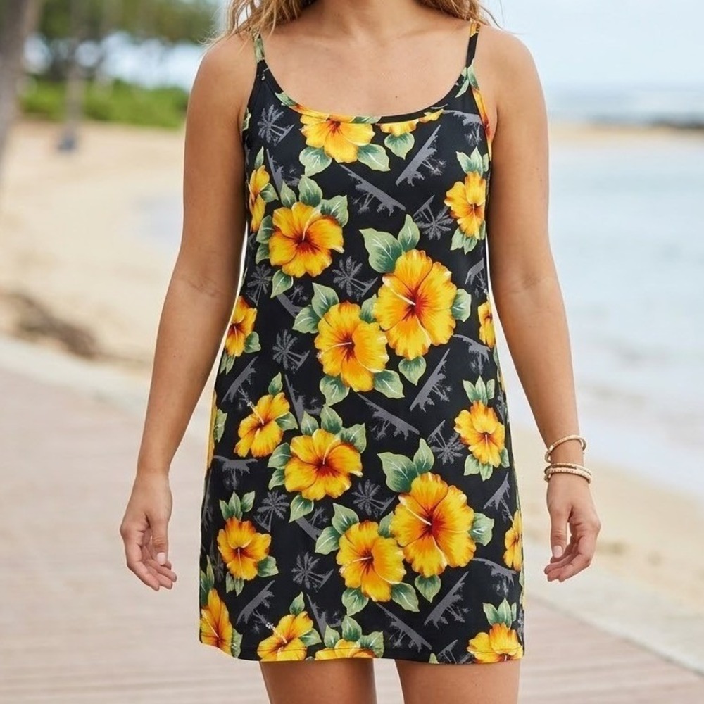Hawaii Tropical Hibiscus Floral Mini Dress Black Yellow Large‎ Summer Beach Slip